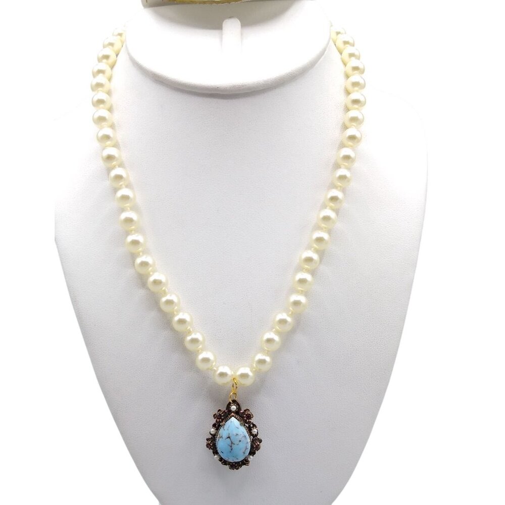 Knotted Glass Pearl Strand Necklace with Faux Turquoise Teardrop Pendant, Ornate
